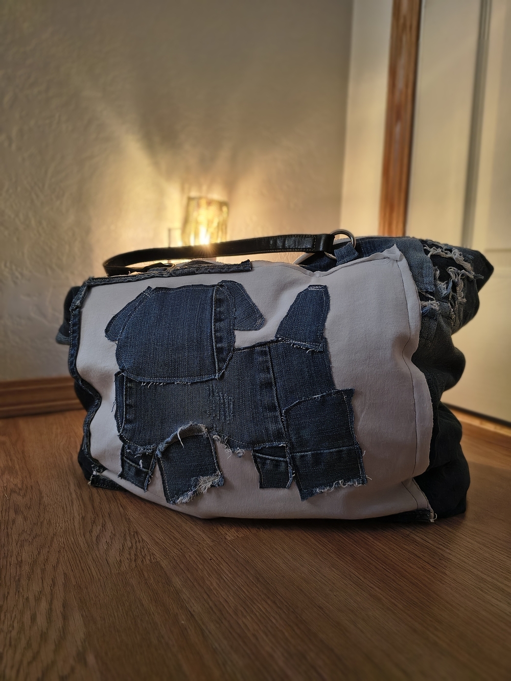 Denim Patchwork Tote Bag with Puppy 💜 Handmade Abstract - Picture 14 of 14